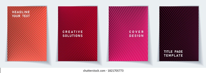 Cover page modern layout vector design set. Crossed lines texture background patterns. Notepad templates. Scientific gradient title page graphic collectoin.