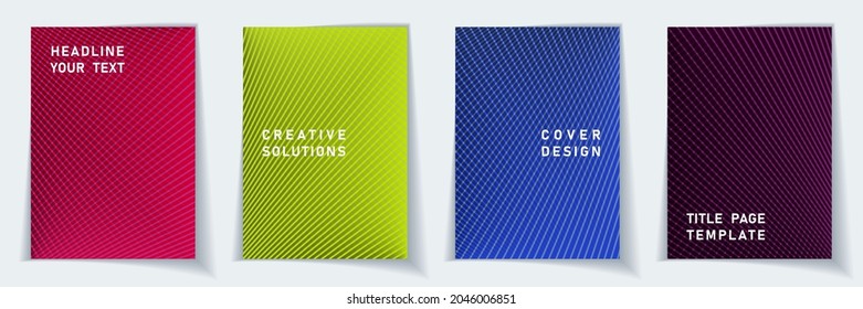 Cover page modern layout vector design set. Crossed lines texture background patterns. Notepad templates. Educational gradient title page graphic collectoin.
