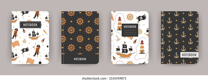 Cover page notebook collection. Templates with pirate items. Perfect for diary, books, magazines, journals, catalogs, planners and flyers. Vector layouts.