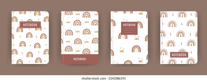 Cover page notebook collection. Templates with cute boho rainbows. Perfect for diary, books, magazines, journals, catalogs, planners and flyers. Vector layouts.