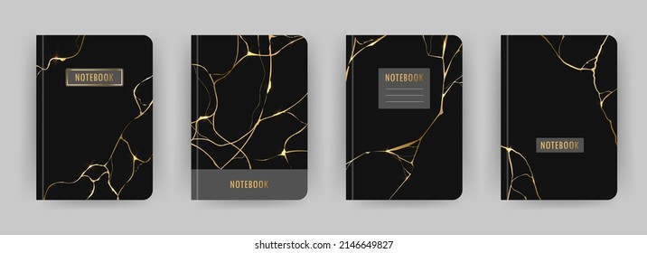 Cover page notebook collection. Templates with kintsugi effect on black background. Perfect for diary, books, magazines, journals, catalogs, planners and flyers. Vector layouts.