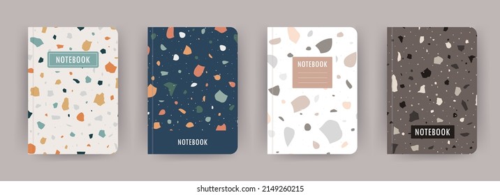 Cover page notebook collection. Templates with venetian terrazzo texture. Perfect for diary, books, magazines, journals, catalogs, planners and flyers. Vector layouts.