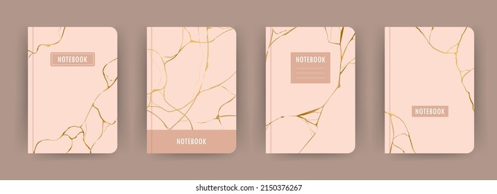 Cover page notebook collection. Templates with kintsugi effect on pink background. Perfect for diary, books, magazines, journals, catalogs, planners and flyers. Vector layouts.