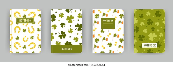 Cover page notebook collection. Templates with green shamrock and St. Patrick day elements. Perfect for diary, books, magazines, journals, catalogs, planners and flyers. Vector layouts.