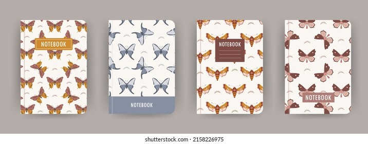 Cover page notebook collection. Templates with boho butterflies and moths. Perfect for diary, books, magazines, journals, catalogs, planners and flyers. Vector layouts.