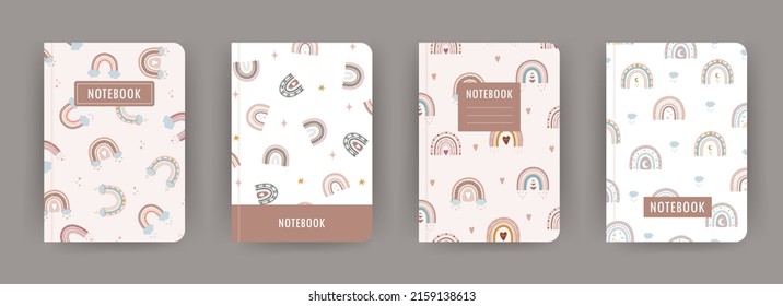 Cover page notebook collection. Templates with cute boho rainbows. Perfect for diary, books, magazines, journals, catalogs, planners and flyers. Vector layouts.