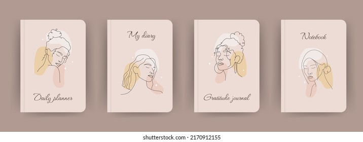 Cover page notebook collection. Templates with abstract women faces in one line style. Perfect for diary, books, magazines, journals, catalogs, planners and flyers. Vector layouts.