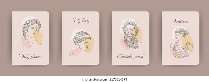 Cover page notebook collection. Templates with ancient greek gods in one line drawing style. Perfect for diary, books, magazines, journals, catalogs, planners and flyers. Vector layouts.