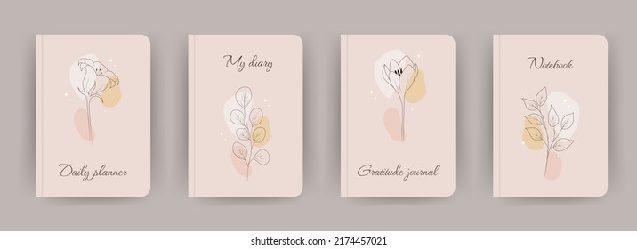 Cover page notebook collection. Templates with abstract flowers in one line drawing style. Perfect for diary, books, magazines, journals, catalogs, planners and flyers. Vector layouts.