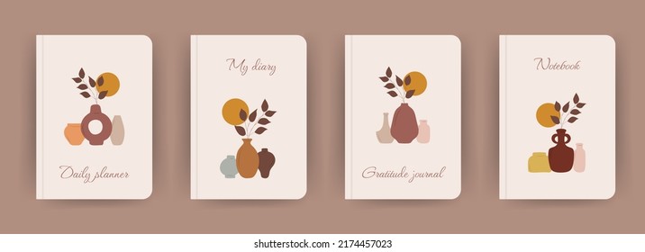 Decken Sie die Seite Notebook-Sammlung. Vorlagen mit abstrakten Vasen im Boho-Stil. Ideal für Tagebuch, Bücher, Magazine, Zeitschriften, Kataloge, Planer und Flyer. Vektorgrafik-Layouts.