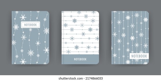 Cover page notebook collection. Templates with christmas patterns in cartoon style. Perfect for diary, books, magazines, journals, catalogs, planners and flyers. Vector layouts.