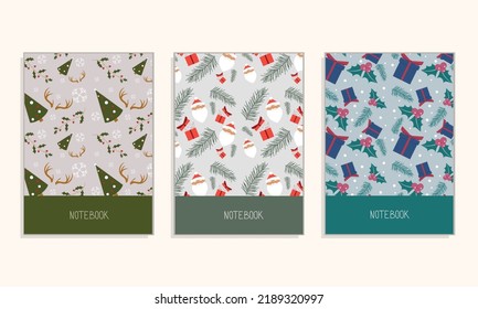Cover page notebook collection. Templates with christmas patterns in cartoon style. Perfect for diary, books, magazines, journals, catalogs, planners and flyers. Vector layouts.