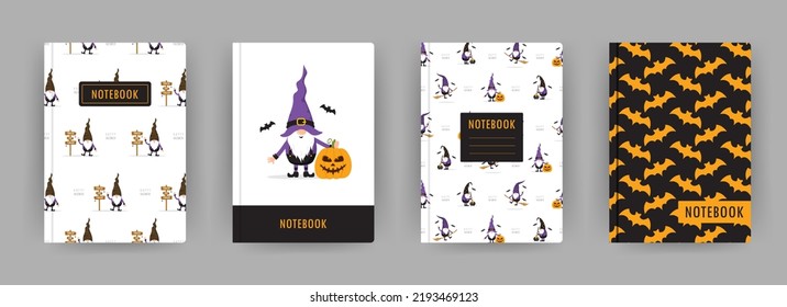 Cover page notebook collection. Templates with cute halloween gnomes. Perfect for diary, books, magazines, journals, catalogs, planners and flyers. Vector layouts.