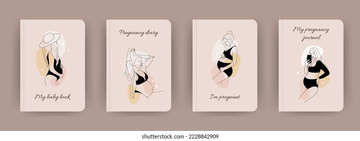 Colección de bloc de notas de portada. Plantillas con mujeres embarazadas abstractas en un estilo de línea. Perfecto para diarios, libros, revistas, revistas, catálogos, planificadores y folletos. Diseño de vectores.