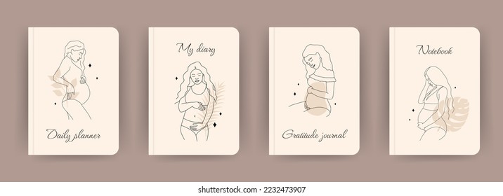 Cover page notebook collection. Templates with abstract pregnant women in one line style. Perfect for diary, books, magazines, journals, catalogs, planners and flyers. Vector layouts.