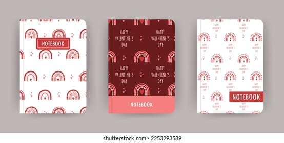Cover page notebook collection. Templates with Valentines boho rainbows. Perfect for diary, books, magazines, journals, catalogs, planners and flyers. Vector layouts.