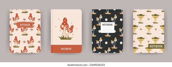 Cover page notebook collection. Templates with groovy mushrooms. Perfect for diary, books, magazines, journals, catalogs, planners and flyers. Vector layouts.