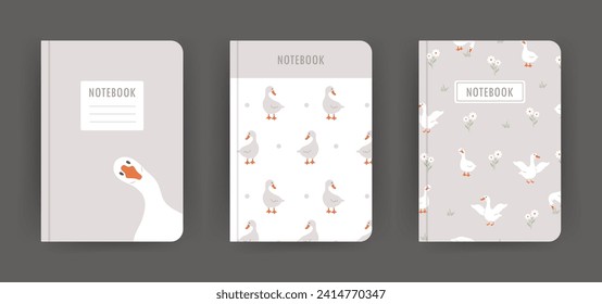 Cover page notebook collection. Templates with cute farm gooses. Perfect for diary, books, magazines, journals, catalogs, planners and flyers. Vector layouts. Cartoon style.