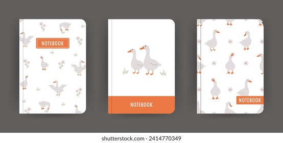 Cover page notebook collection. Templates with cute farm gooses. Perfect for diary, books, magazines, journals, catalogs, planners and flyers. Vector layouts. Cartoon style.