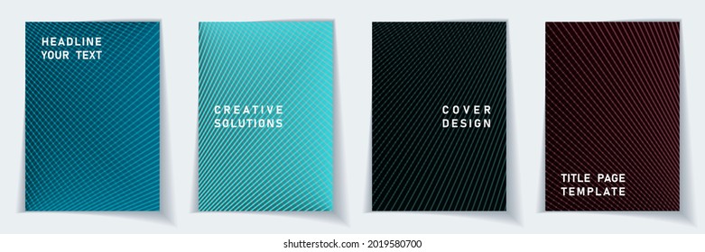 Cover page tech layout vector design set. Crossed lines dynamic background patterns. Notepad templates. Scientific gradient covers graphic collectoin.