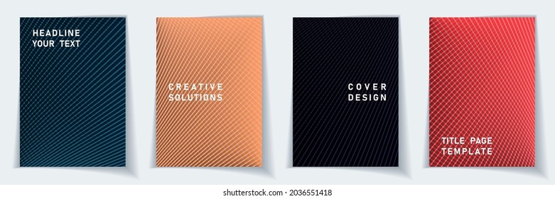 Cover page technical layout vector design set. Halftone lines grid background patterns. Certificate templates. Scientific gradient covers graphic collectoin.