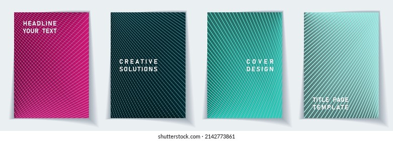 Cover page technical layout vector design set. Crossed lines texture background patterns. Folder templates. Educational gradient covers graphic collectoin.
