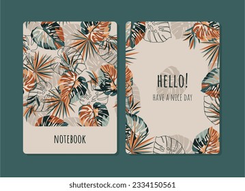 Cover page template. Applicable for notebooks. Tropical leaves on beige background 