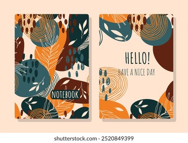 Cover page template. Applicable for notebooks. Abstract leaves on beige background