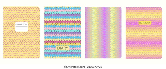 Cover page templates in Abstract psychedelic Y2K bug style with circles, asterisks, waves, spiral lines. Based on seamless patterns. Headers isolated and replaceable.