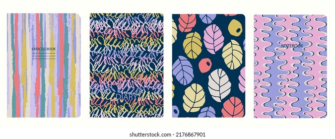 Cover page templates in Abstract psychedelic Y2K bug style with circles, asterisks, waves, spiral lines. Based on seamless patterns. Headers isolated and replaceable.
