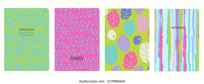 Cover page templates in Abstract psychedelic Y2K bug style with circles, asterisks, waves, spiral lines. Based on seamless patterns. Headers isolated and replaceable.