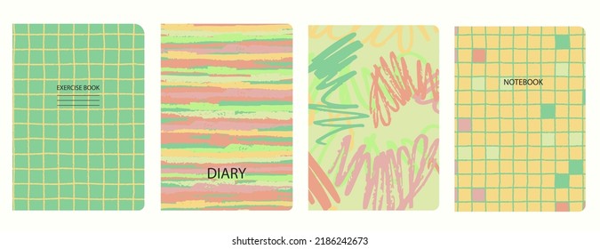 Cover page templates in Abstract psychedelic Y2K bug style with circles, asterisks, waves, spiral lines. Based on seamless patterns. Headers isolated and replaceable.
