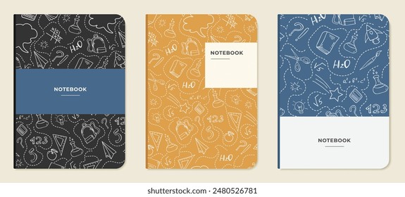 Cover page templates. Abstract school layouts with blue, black and yellow backgrounds for teaching, notebooks, planners, brochures, books, catalogues. Vector.