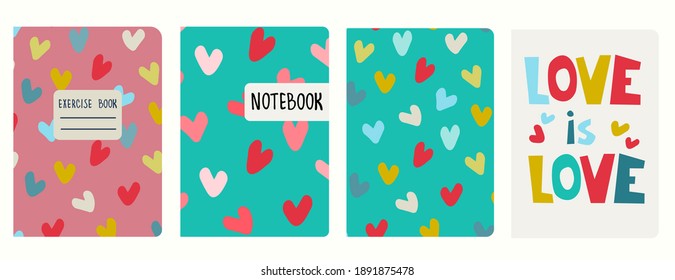 Plantillas de portada basadas en patrones con formas multicolores, letras. Amor, concepto romántico. Fondo para portátiles, diarios