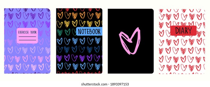 Cover page templates based on seamless patterns with rows of heart shapes. Love, romance concept. Background for notebooks, diaries