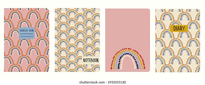 Cover page templates based on seamless patterns with stylized rainbows. Headers isolated and replaceable. Background for school notebooks, notepads, diaries