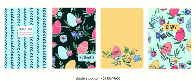 Cover page templates based on seamless patterns with Easter eggs, flowers, spiral lines. For notebooks, diaries