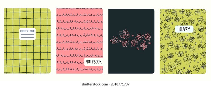 Cover page templates based on patterns with hand drawn flowers in ditsy style, gridline and cursive imitation. Backgrounds for notebooks, notepads, diaries. Headers isolated and replaceable