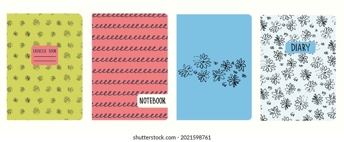 Plantillas de portada basadas en patrones con flores dibujadas a mano con estilo de color marrón y líneas espirales como imitación cursiva. Fondos para cuadernos, notas, diarios. Cabeceras aisladas y reemplazables