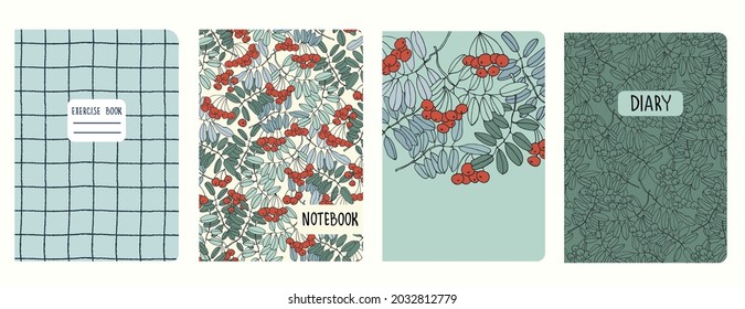 Cover page templates based on patterns with hand drawn ashberry branches and gridline. Backgrounds for notebooks, notepads, diaries. Headers isolated and replaceable