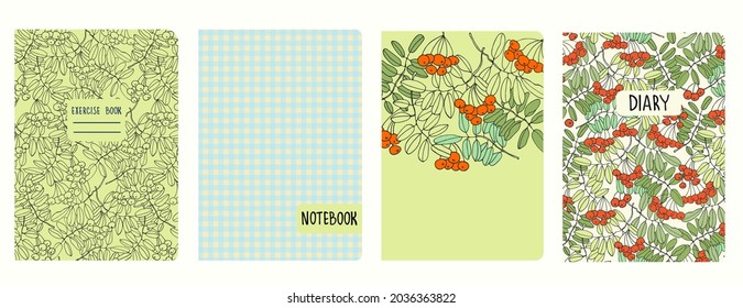 Cover page templates based on patterns with hand drawn ashberry branches and gingham checks. Backgrounds for notebooks, notepads, diaries. Headers isolated and replaceable