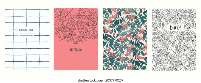 Plantillas de portada basadas en patrones con ramas de ashberry dibujadas a mano y cuadrícula. Fondos para cuadernos, notas, diarios. Cabeceras aisladas y reemplazables