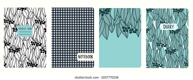 Cover page templates based on patterns with hand drawn branches, leaves, berries, gingham checks. Backgrounds for notebooks, notepads, diaries. Headers isolated and replaceable