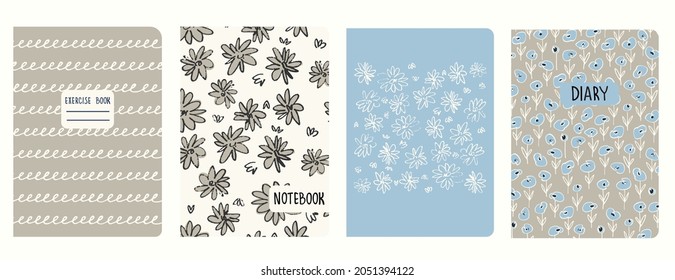 Cover page templates based on patterns with hand drawn flowers in Ditzy style and spiral lines as cursive imitation. Backgrounds for notebooks, notepads, diaries. Headers isolated and replaceable