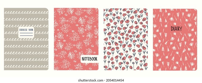 Cover page templates based on seamless patterns with anemone, poppies, inflorescences and spiral lines as cursive imitation. Backgrounds for notebooks, notepads, diaries. Headers isolated, replaceable