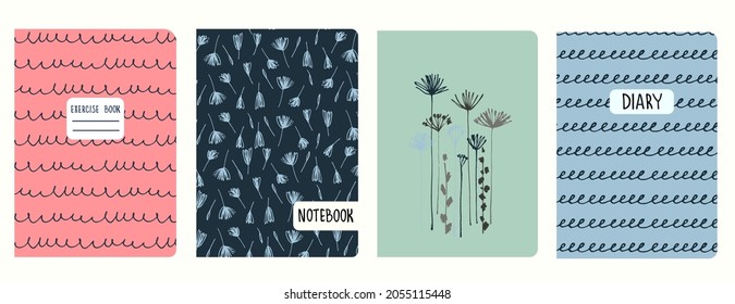 Plantillas de portada basadas en patrones con inflorescencias, plantas de floración de eneldo, garabatos y líneas espirales. Fondos para cuadernos, notas, diarios. Cabeceras aisladas, reemplazables