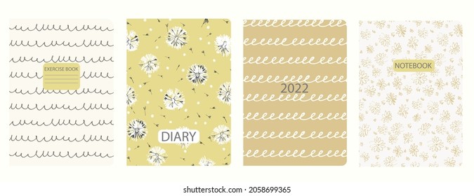 Cover page templates based on seamless patterns in boho style with dandelions, wild flowers, scribble and spiral lines. Backgrounds for notebooks, notepads, diaries. Headers isolated, replaceable