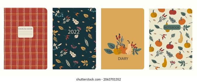 Cover page templates based on patterns with pumpkins, berries, leaves, and plaid pattern. Thanksgiving concept. Backgrounds for notebooks, notepads, diaries. Headers isolated, replaceable