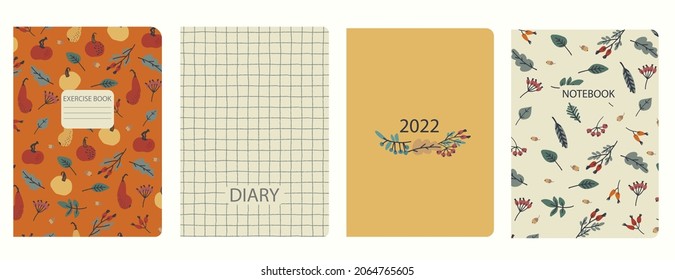 Cover page templates based on patterns with pumpkins, berries, leaves, and grid pattern. Thanksgiving concept. Backgrounds for notebooks, notepads, diaries. Headers isolated, replaceable