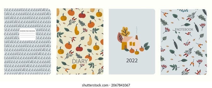 Cover page templates based on patterns with pumpkins, berries, leaves, country house, spiral lines. Thanksgiving concept. Backgrounds for notebooks, notepads, diaries. Headers isolated, replaceable